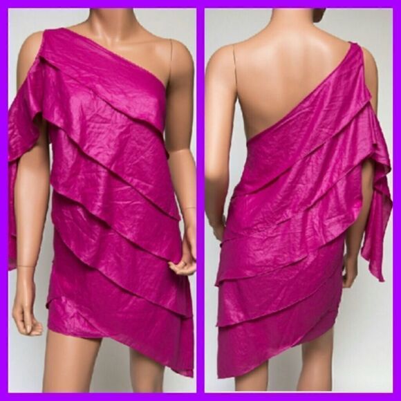 BCBGMAXAZRIA PINK FLAIR ONE SHOULDER TIERED DRESS… S - Picture 1 of 5